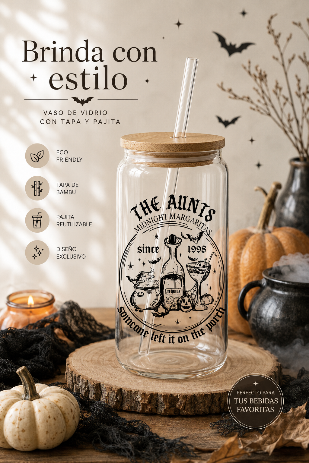 Vaso de Cristal con Tapa de Bambú y Pajita – The Aunts Midnight Margaritas